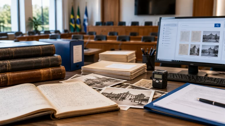 Documentos legislativos históricos organizados ao lado de uma tela de consulta digital em uma Câmara Municipal