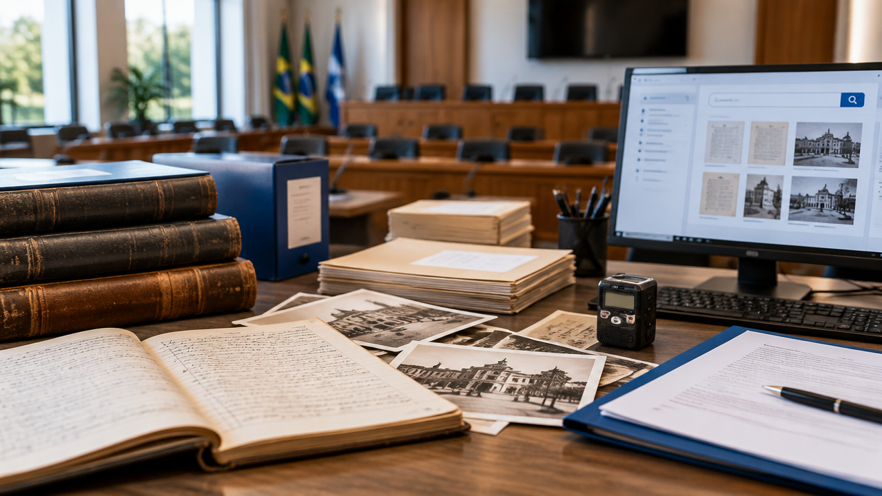 Documentos legislativos históricos organizados ao lado de uma tela de consulta digital em uma Câmara Municipal