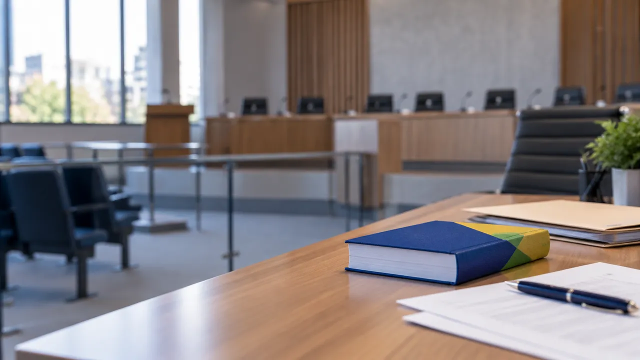 Documentos legislativos sobre uma mesa em primeiro plano e plenário municipal desfocado ao fundo, representando o acompanhamento de emendas constitucionais