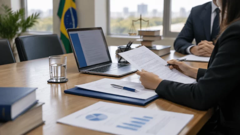 Equipe de uma Câmara Municipal analisa documentos para contratação de plano de saúde em uma reunião institucional