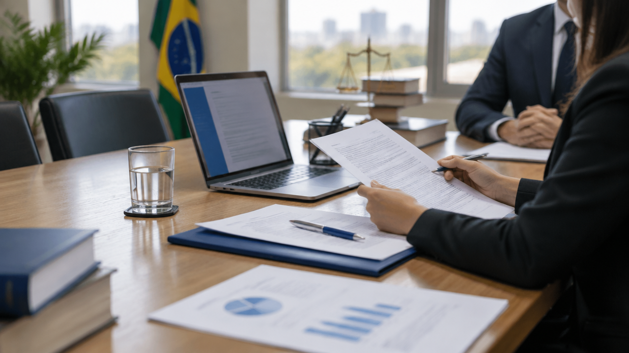 Equipe de uma Câmara Municipal analisa documentos para contratação de plano de saúde em uma reunião institucional