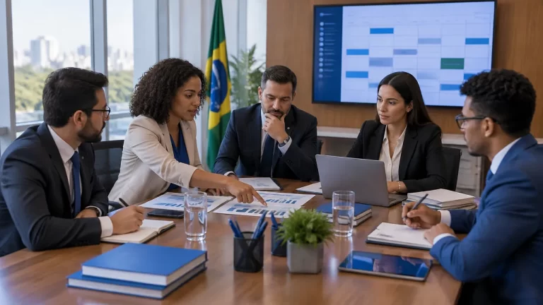Equipe de uma Câmara Municipal organizando documentos e a agenda de uma sessão legislativa em reunião de trabalho