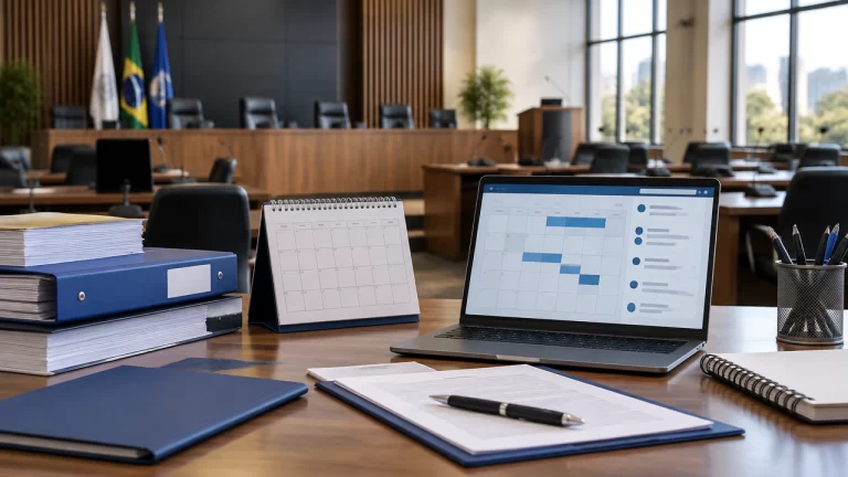 Mesa de trabalho legislativo com calendário, documentos e notebook, representando o controle de prazos em uma Câmara Municipal