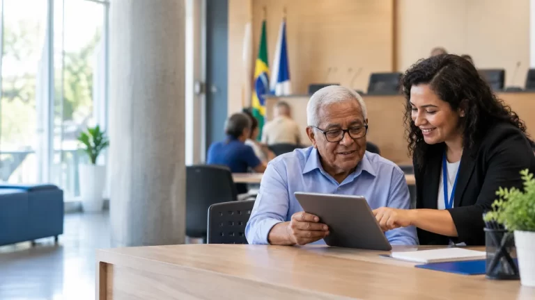 Pessoa idosa acompanha informações legislativas em um tablet com apoio de uma servidora municipal.