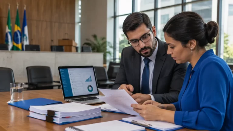 Servidora e assessor legislativo analisam documentos e informações públicas sobre parcerias em uma Câmara Municipal