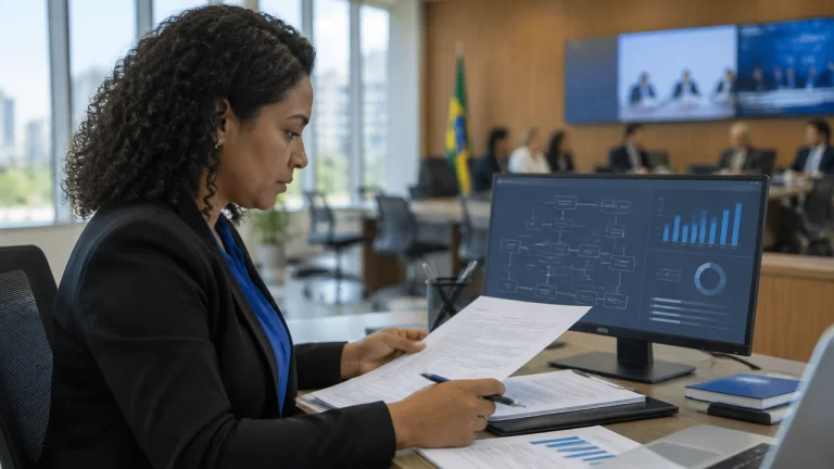 Servidora legislativa revisa documentos com apoio de ferramentas digitais em ambiente institucional