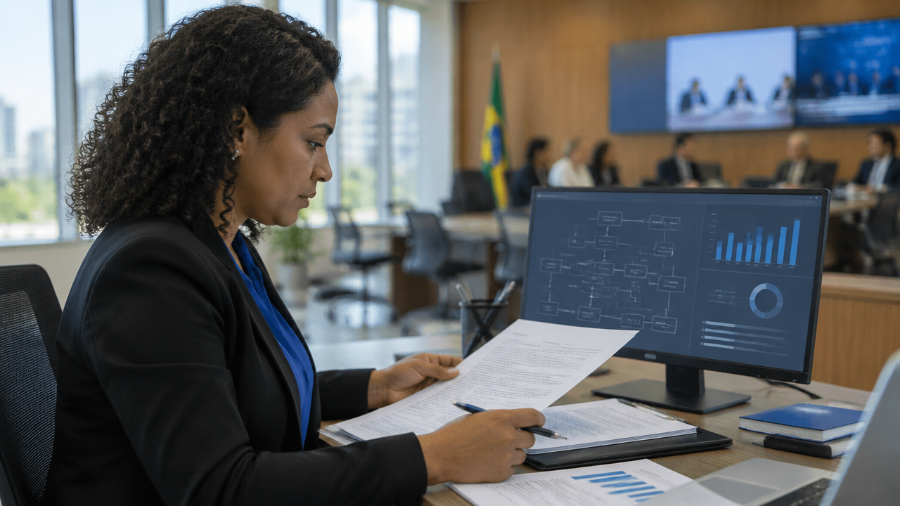 Servidora legislativa revisa documentos com apoio de ferramentas digitais em ambiente institucional
